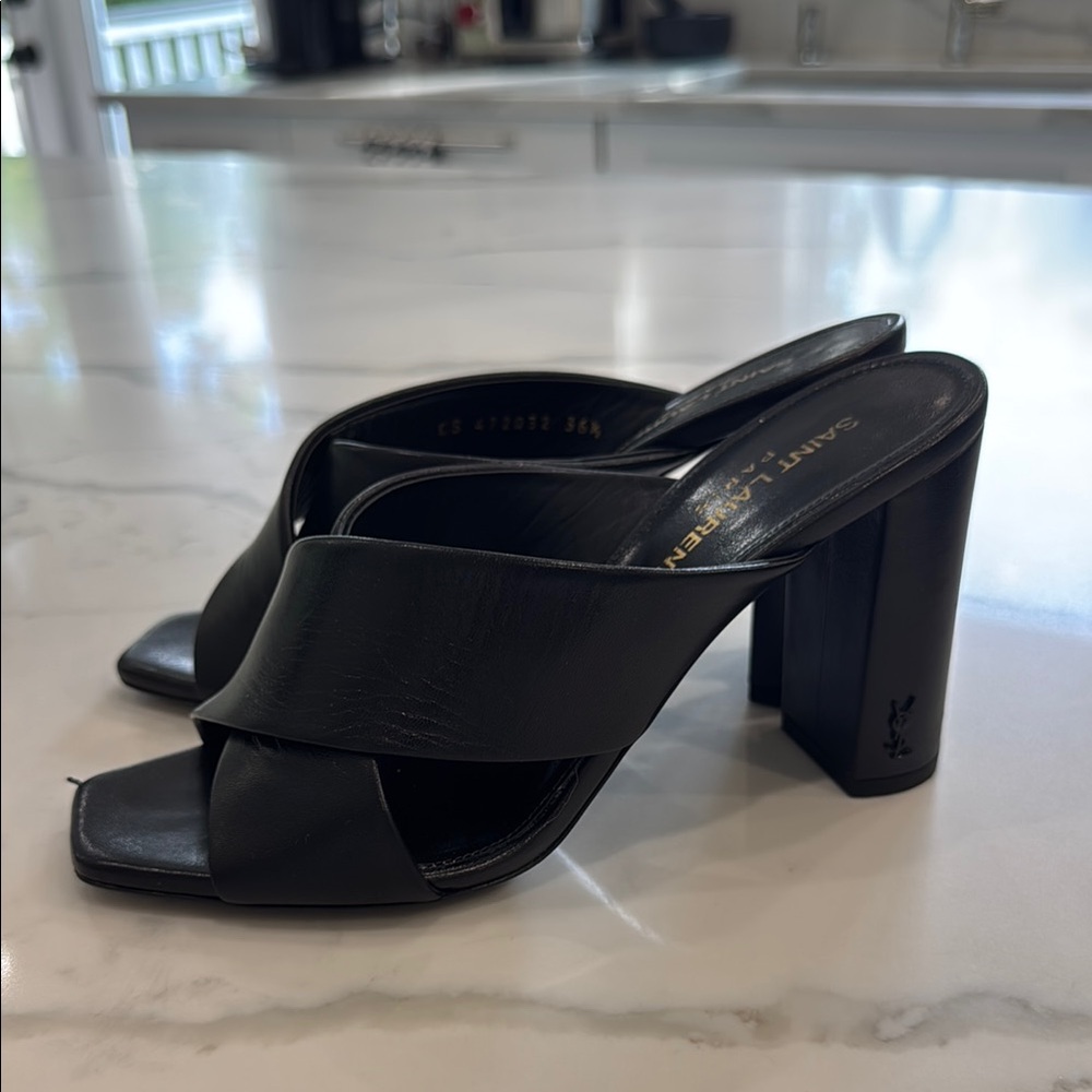 Saint Laurent Black Heeled Mules with Crisscross Straps